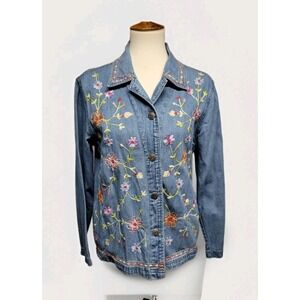 Vintage 90s Bobbie Brooks Women S Denim Floral Embroidered Button Up Collared
